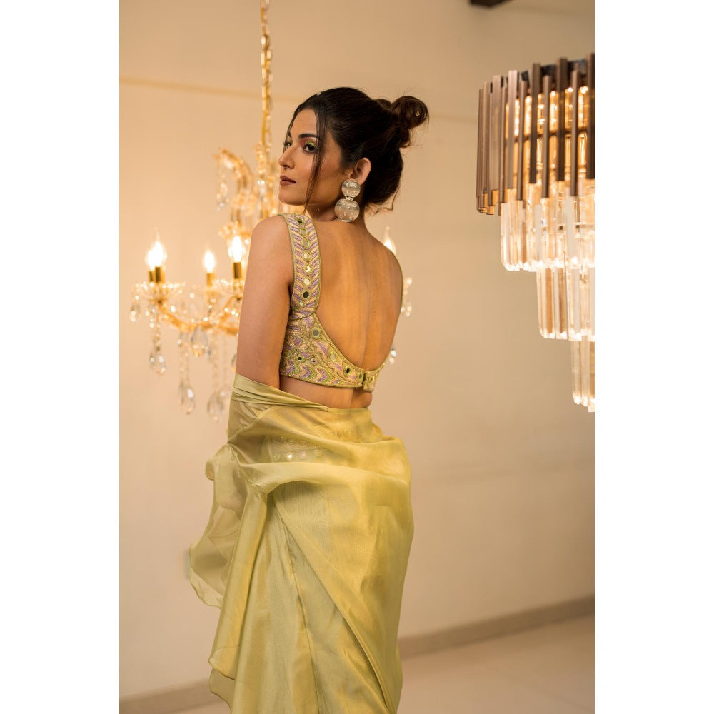 FORAM PATEL Green Embroidered Blouse Palazzo with Cape and Belt (Set of 3)