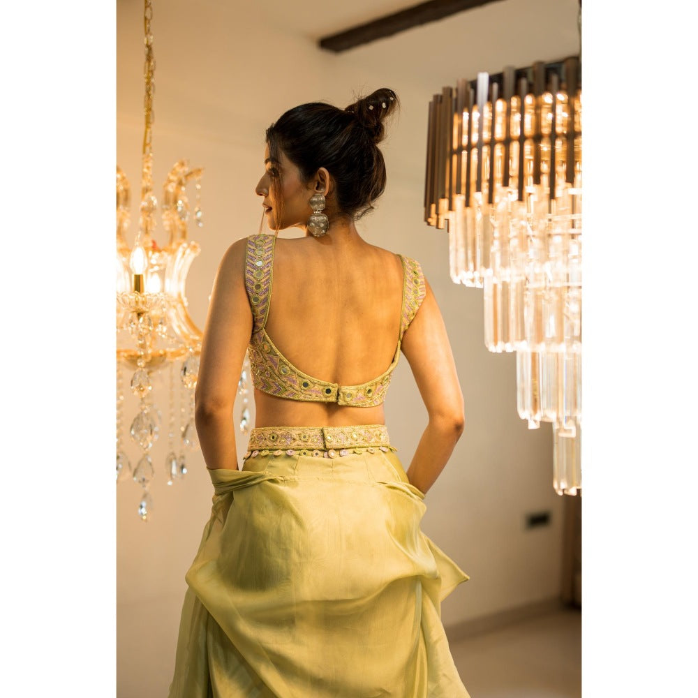 FORAM PATEL Green Embroidered Blouse Palazzo with Cape and Belt (Set of 3)