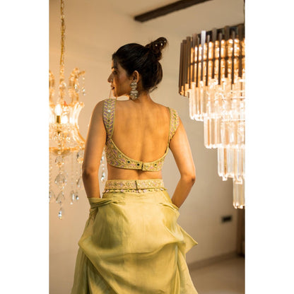 FORAM PATEL Green Embroidered Blouse Palazzo with Cape and Belt (Set of 3)