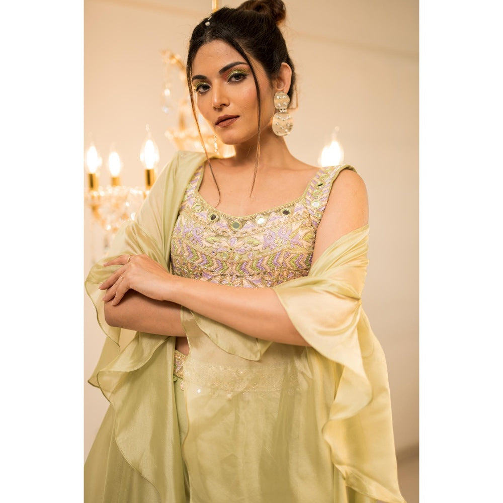 FORAM PATEL Green Embroidered Blouse Palazzo with Cape and Belt (Set of 3)