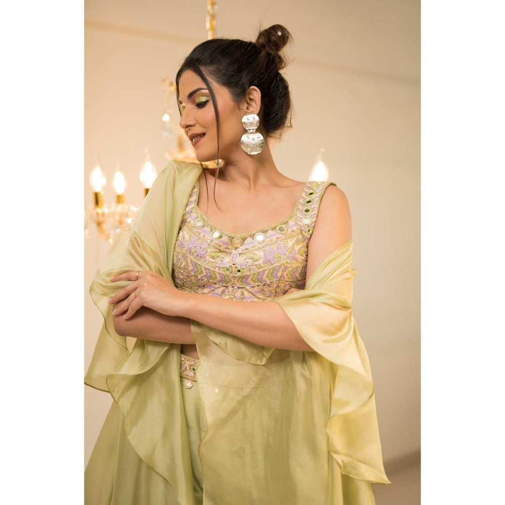 FORAM PATEL Green Embroidered Blouse Palazzo with Cape and Belt (Set of 3)