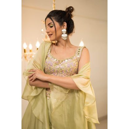 FORAM PATEL Green Embroidered Blouse Palazzo with Cape and Belt (Set of 3)