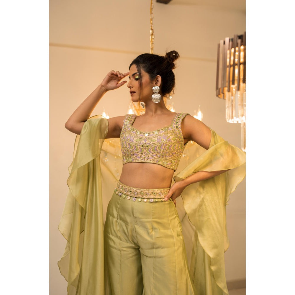 FORAM PATEL Green Embroidered Blouse Palazzo with Cape and Belt (Set of 3)