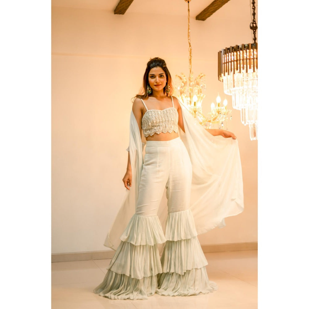 FORAM PATEL Light Blue Ruffle Cape with Blouse and Sharara (Set of 3)