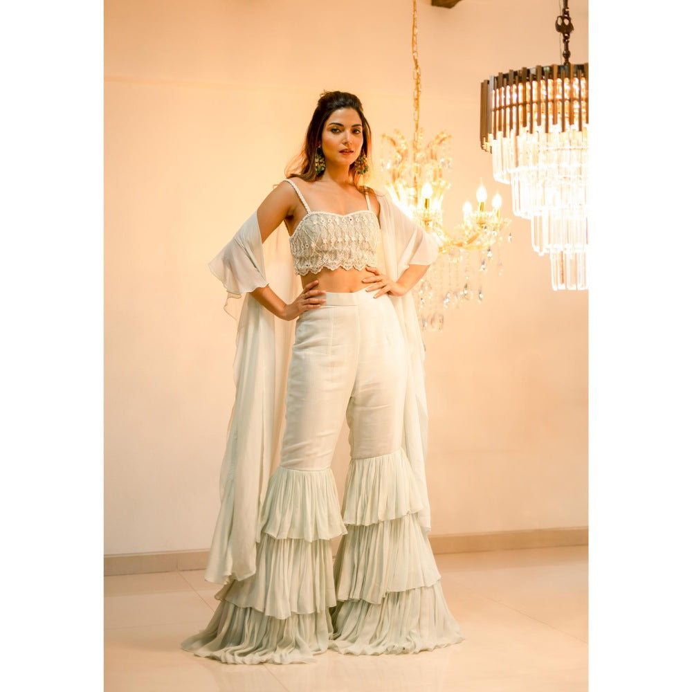 FORAM PATEL Light Blue Ruffle Cape with Blouse and Sharara (Set of 3)