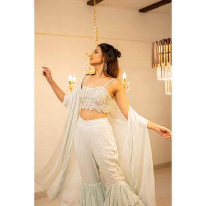 FORAM PATEL Light Blue Ruffle Cape with Blouse and Sharara (Set of 3)