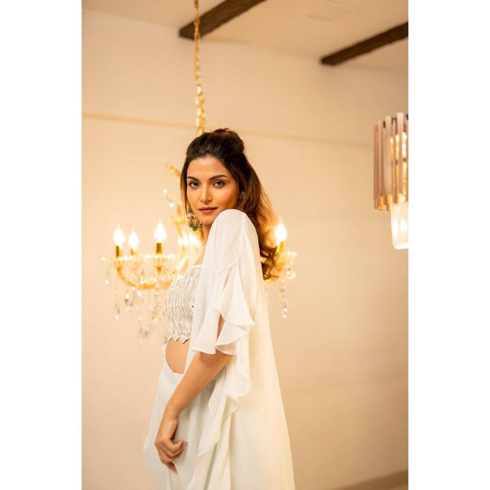 FORAM PATEL Light Blue Ruffle Cape with Blouse and Sharara (Set of 3)