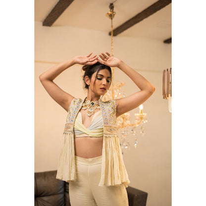 FORAM PATEL Cream Embroidered Blouse with Sharara and Jacket (Set of 3)