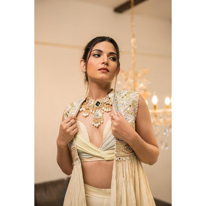 FORAM PATEL Cream Embroidered Blouse with Sharara and Jacket (Set of 3)