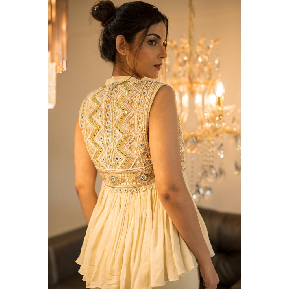 FORAM PATEL Cream Embroidered Blouse with Sharara and Jacket (Set of 3)