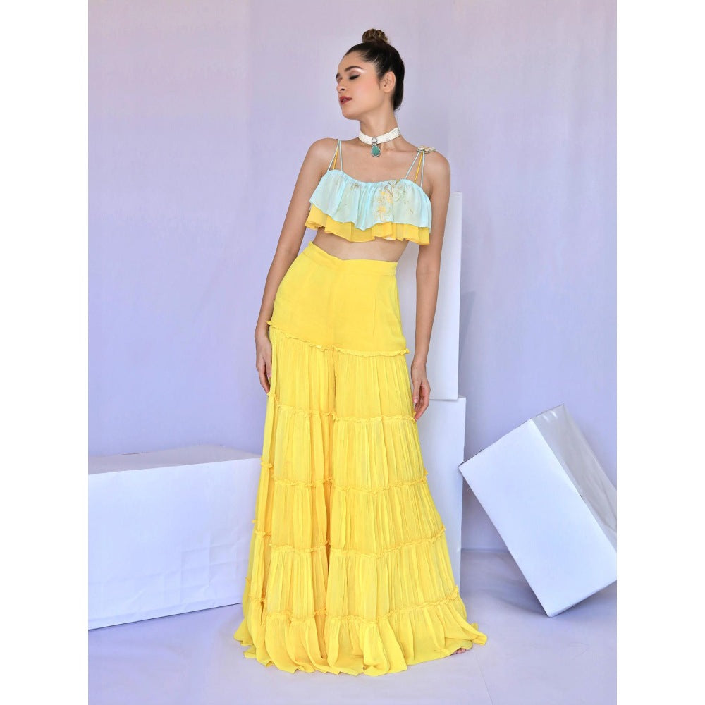 FORAM PATEL Yellow Tiered Sharara and Ruffle Crop Top (Set of 2)