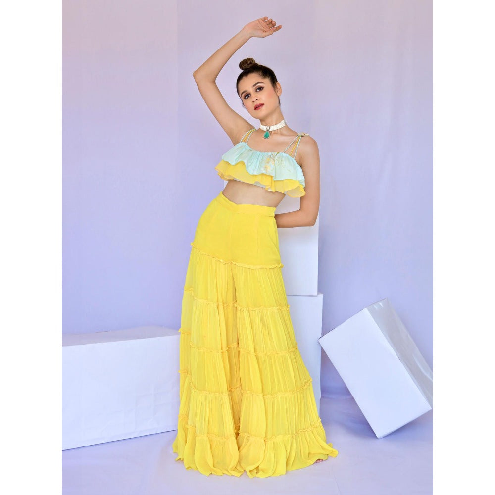 FORAM PATEL Yellow Tiered Sharara and Ruffle Crop Top (Set of 2)