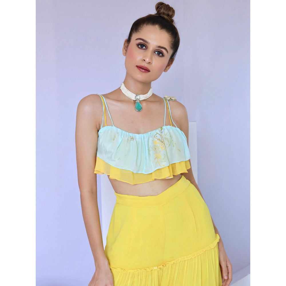 FORAM PATEL Yellow Tiered Sharara and Ruffle Crop Top (Set of 2)