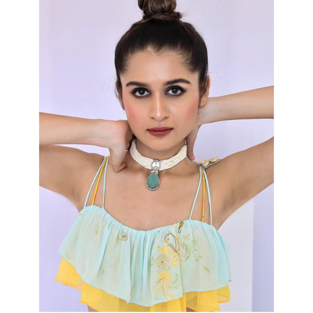 FORAM PATEL Yellow Tiered Sharara and Ruffle Crop Top (Set of 2)