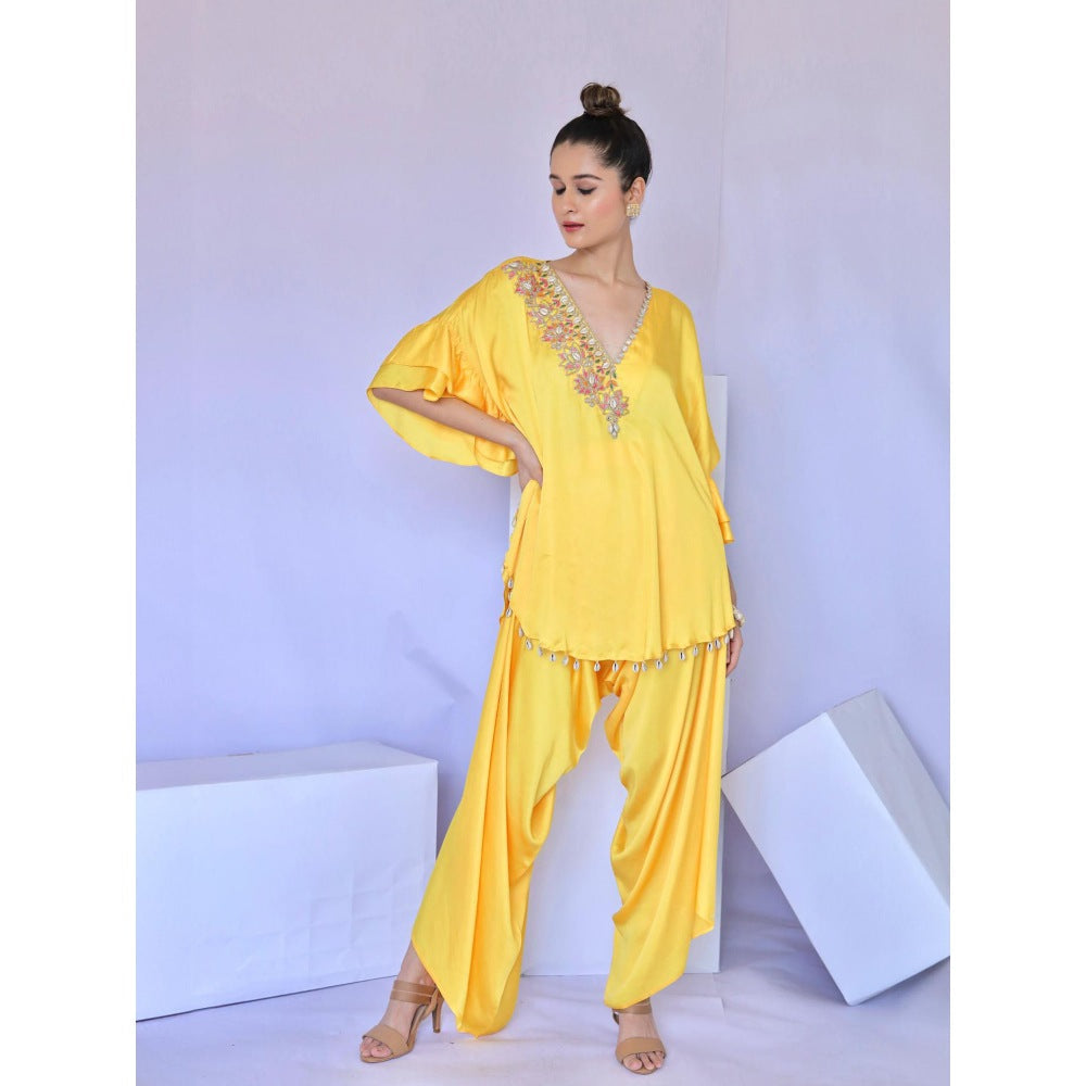 FORAM PATEL Yellow Ruffle Sleeves Embroidered Co-Ord (Set of 2)