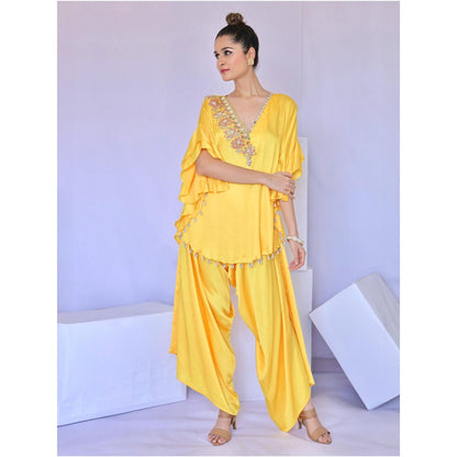 FORAM PATEL Yellow Ruffle Sleeves Embroidered Co-Ord (Set of 2)