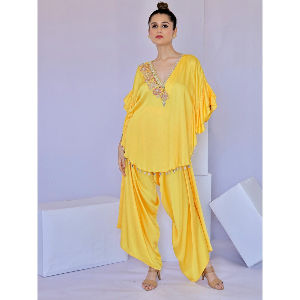 FORAM PATEL Yellow Ruffle Sleeves Embroidered Co-Ord (Set of 2)