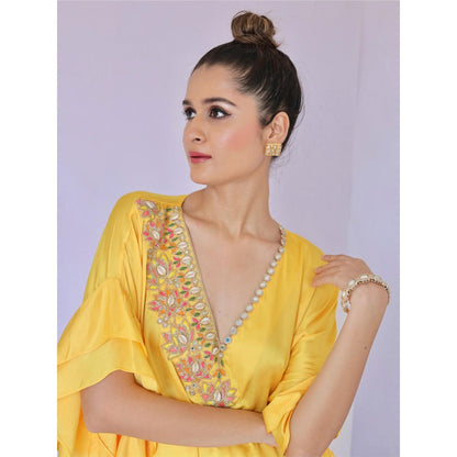 FORAM PATEL Yellow Ruffle Sleeves Embroidered Co-Ord (Set of 2)