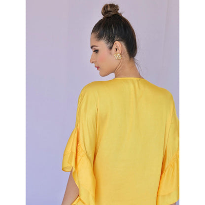 FORAM PATEL Yellow Ruffle Sleeves Embroidered Co-Ord (Set of 2)