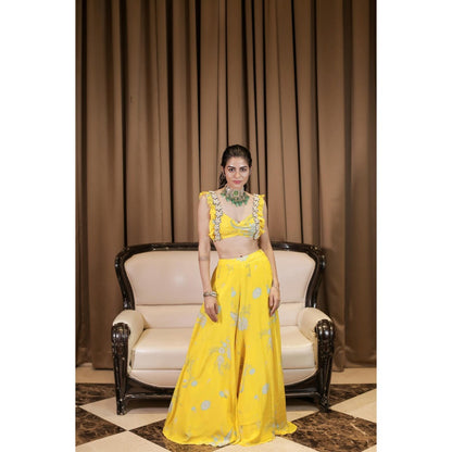 FORAM PATEL Yellow Floral Printed Blouse and Palazzo (Set of 2)