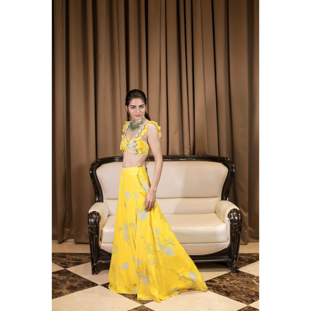 FORAM PATEL Yellow Floral Printed Blouse and Palazzo (Set of 2)