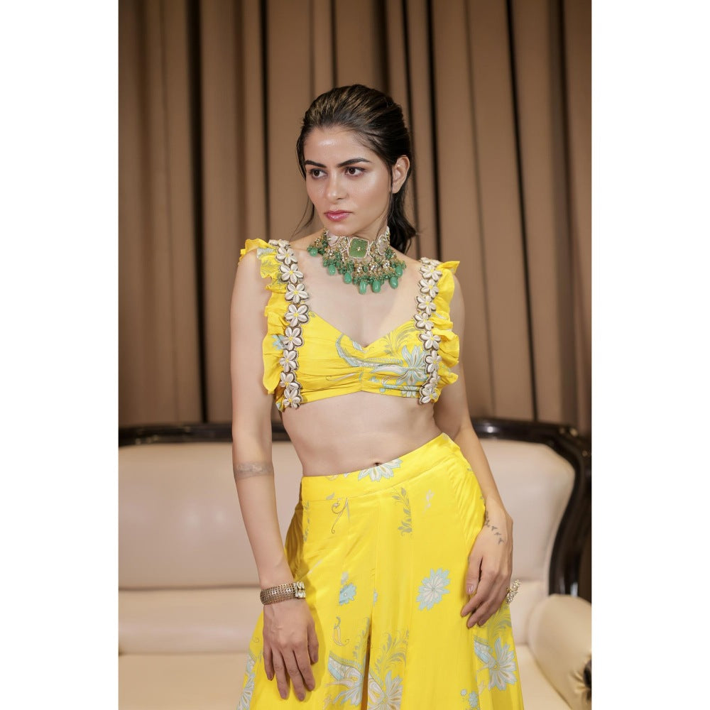 FORAM PATEL Yellow Floral Printed Blouse and Palazzo (Set of 2)