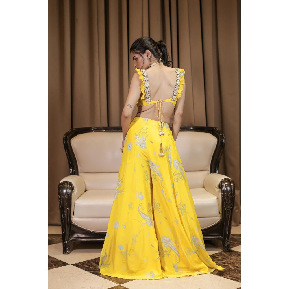 FORAM PATEL Yellow Floral Printed Blouse and Palazzo (Set of 2)