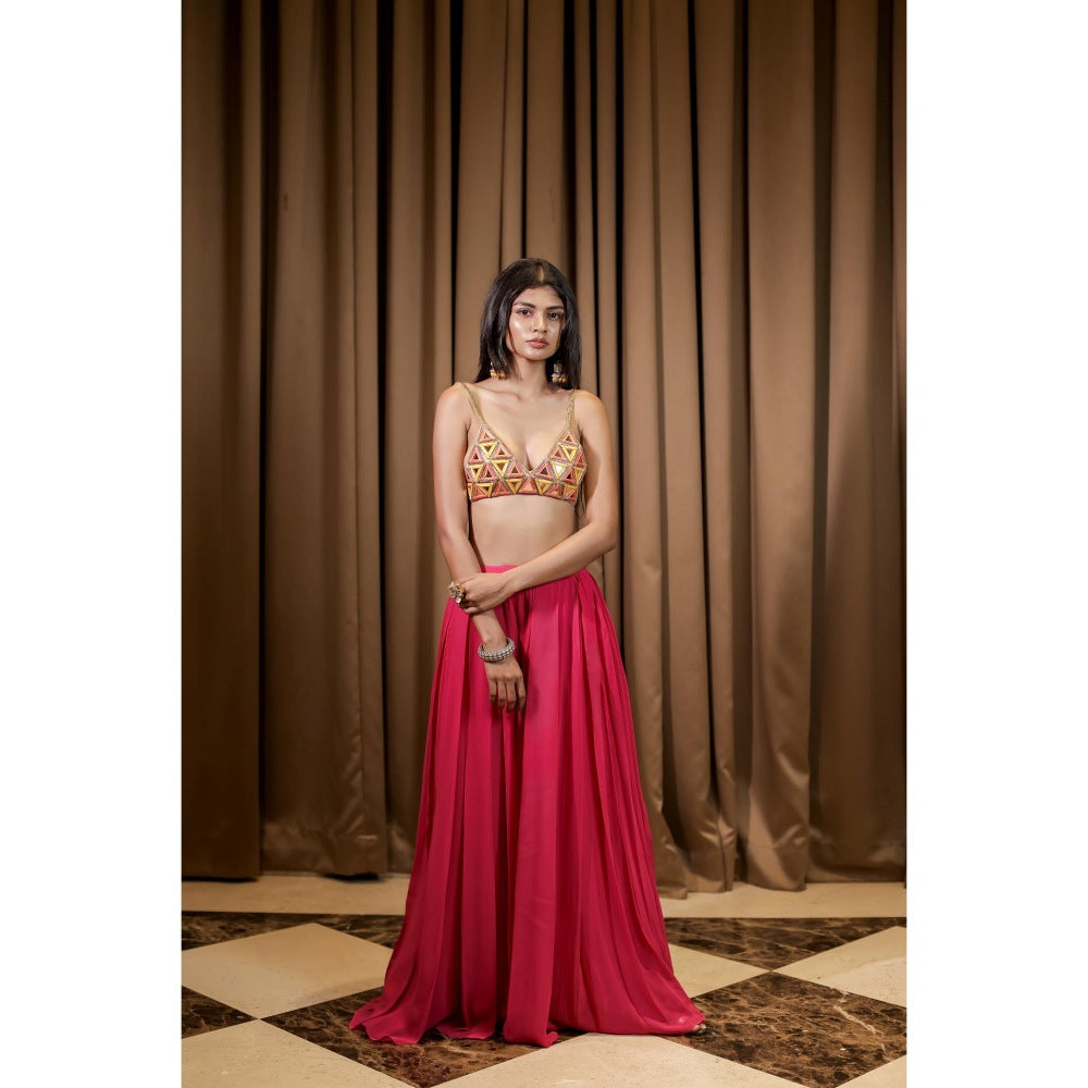 FORAM PATEL Pink Embroidered Mirror Work Bralette and Palazzo (Set of 2)