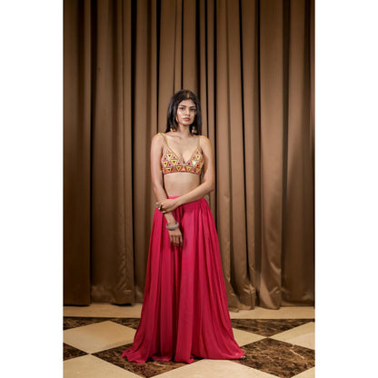 FORAM PATEL Pink Embroidered Mirror Work Bralette and Palazzo (Set of 2)