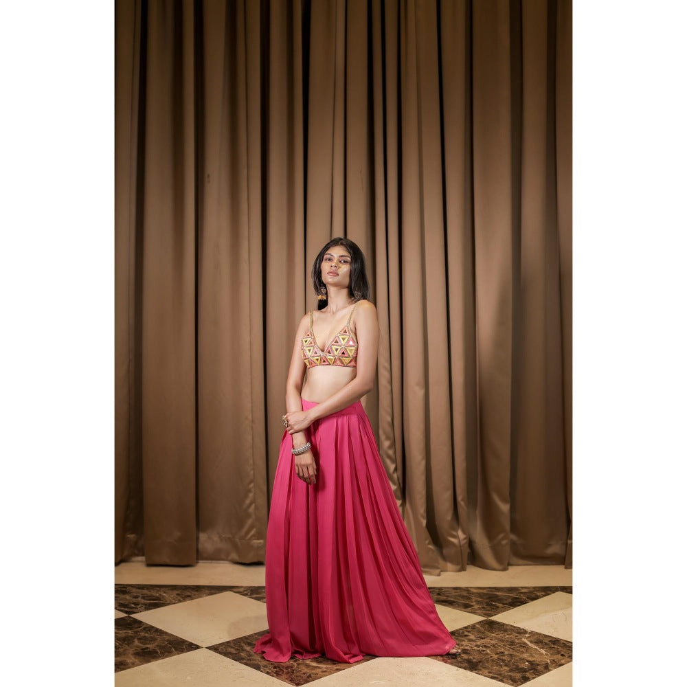 FORAM PATEL Pink Embroidered Mirror Work Bralette and Palazzo (Set of 2)