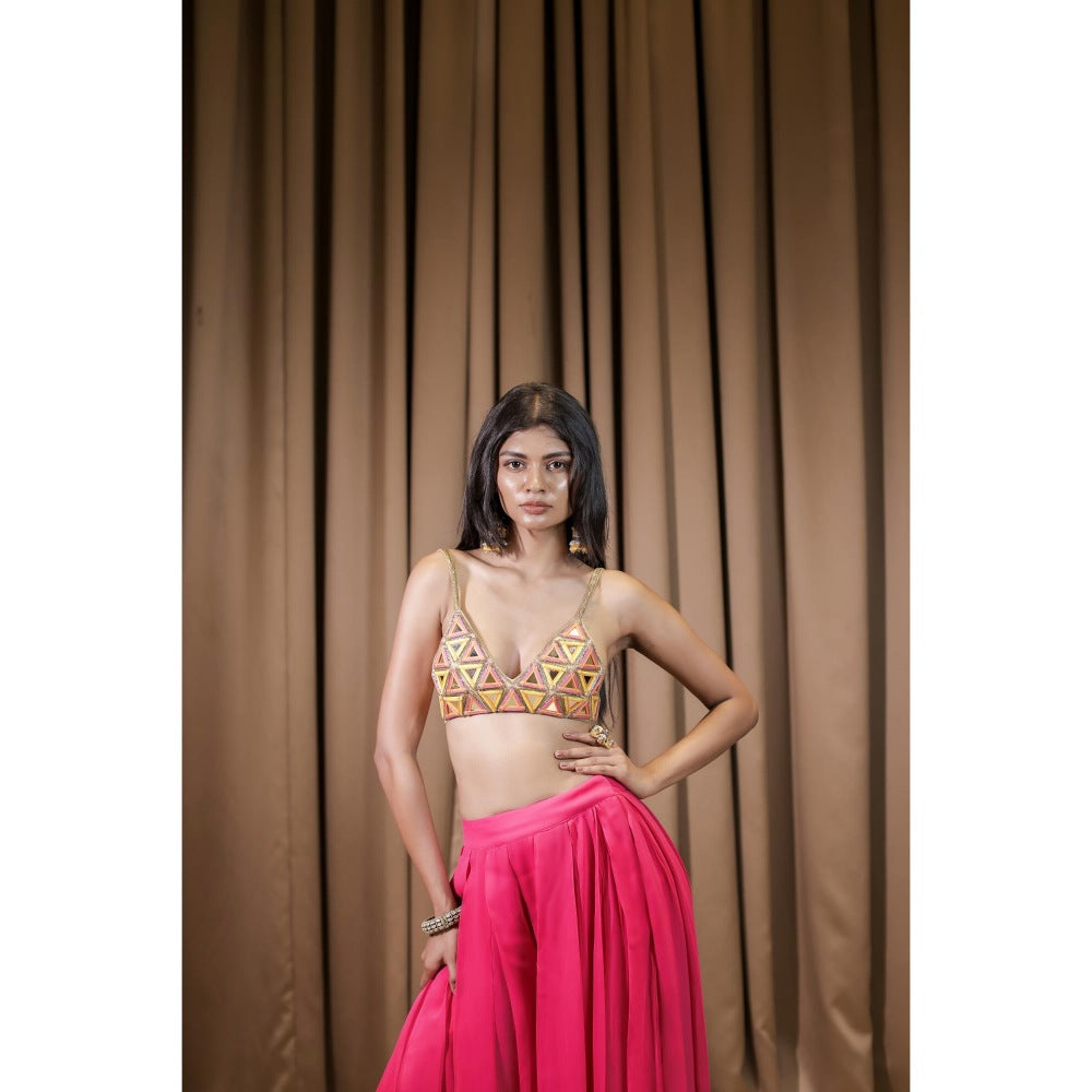 FORAM PATEL Pink Embroidered Mirror Work Bralette and Palazzo (Set of 2)