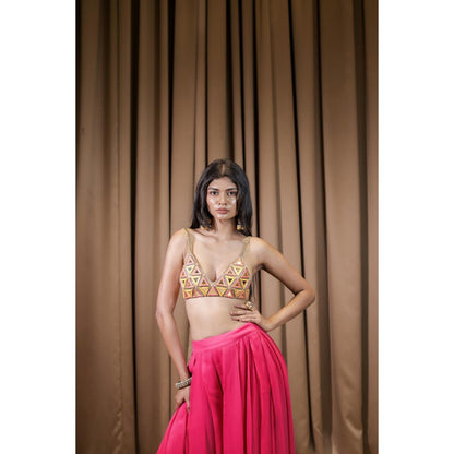 FORAM PATEL Pink Embroidered Mirror Work Bralette and Palazzo (Set of 2)
