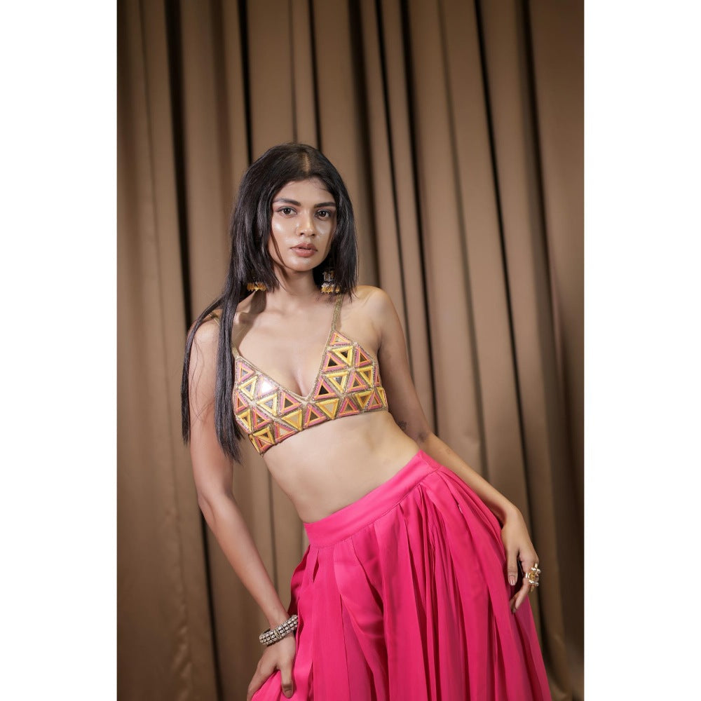 FORAM PATEL Pink Embroidered Mirror Work Bralette and Palazzo (Set of 2)