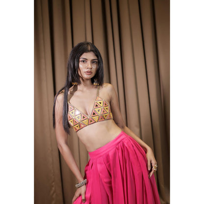 FORAM PATEL Pink Embroidered Mirror Work Bralette and Palazzo (Set of 2)