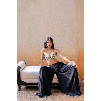 FORAM PATEL Black Embroidered Mirror Work Bralette and Palazzo (Set of 2)