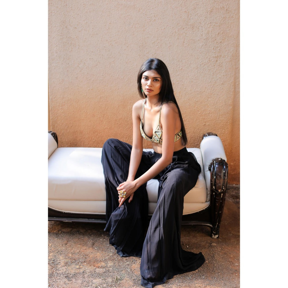 FORAM PATEL Black Embroidered Mirror Work Bralette and Palazzo (Set of 2)