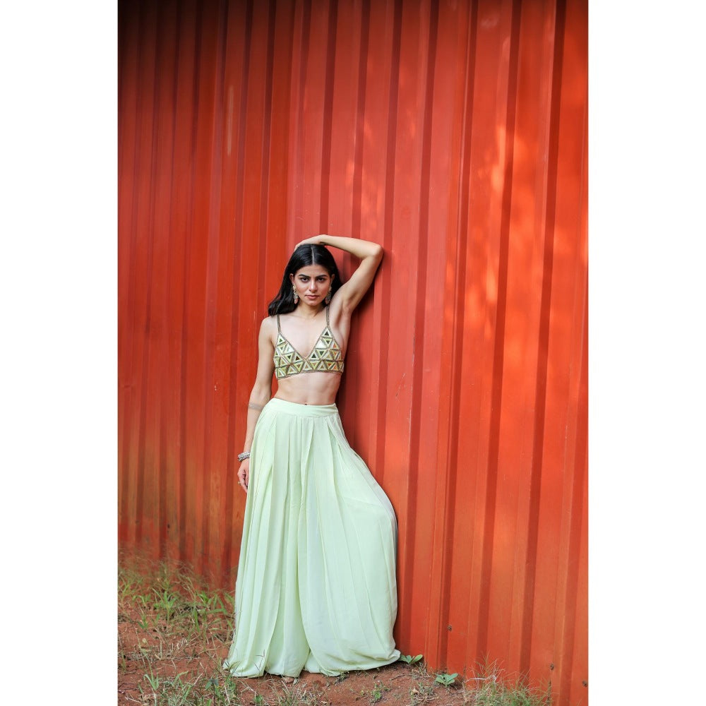 FORAM PATEL Green Embroidered Mirror Work Bralette and Palazzo (Set of 2)