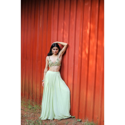 FORAM PATEL Green Embroidered Mirror Work Bralette and Palazzo (Set of 2)