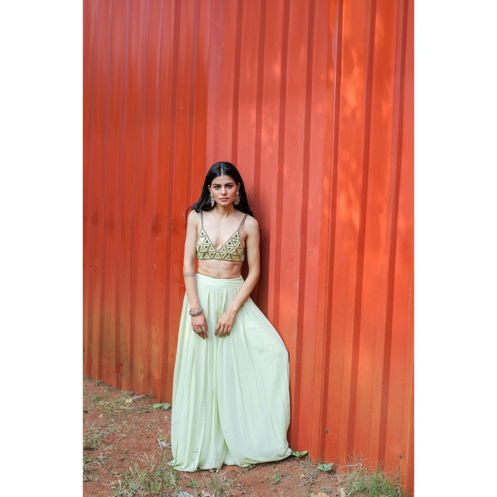 FORAM PATEL Green Embroidered Mirror Work Bralette and Palazzo (Set of 2)