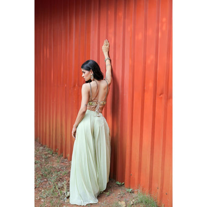 FORAM PATEL Green Embroidered Mirror Work Bralette and Palazzo (Set of 2)