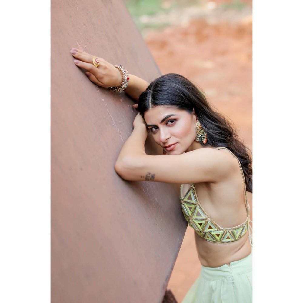 FORAM PATEL Green Embroidered Mirror Work Bralette and Palazzo (Set of 2)