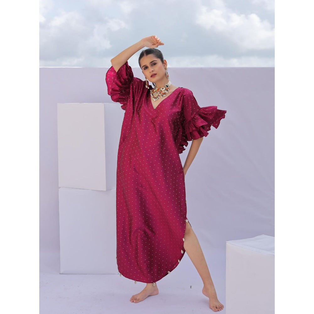 FORAM PATEL Pink Brocade Woven Kaftan Dress with Inner (Set of 2)