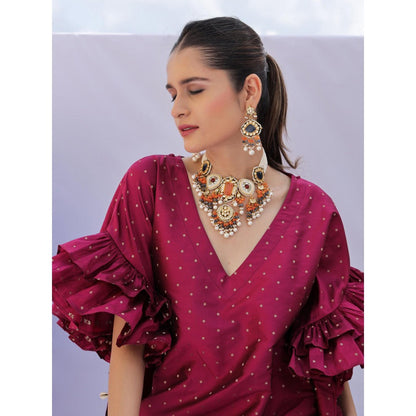 FORAM PATEL Pink Brocade Woven Kaftan Dress with Inner (Set of 2)