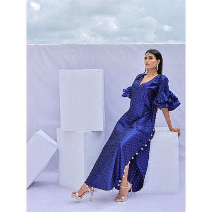 FORAM PATEL Electric Navy Blue Brocade Woven Kaftan Dress with Inner (Set of 2)