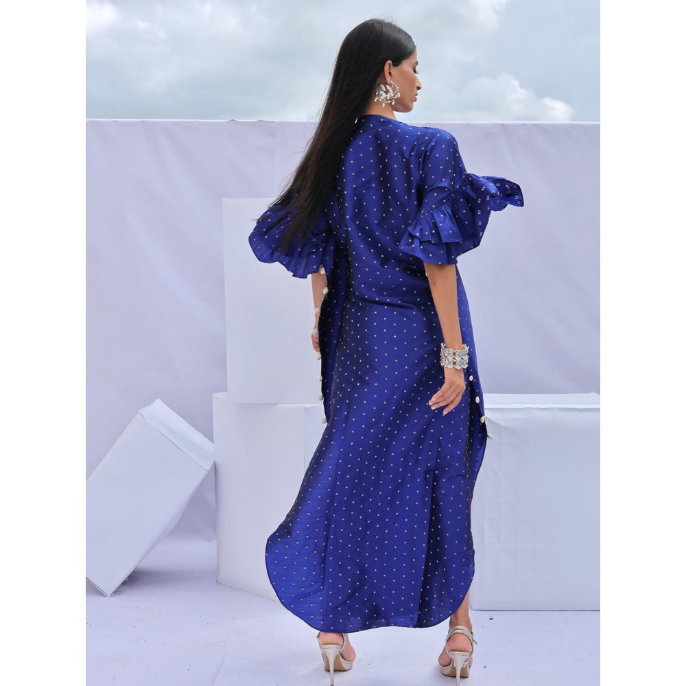 FORAM PATEL Electric Navy Blue Brocade Woven Kaftan Dress with Inner (Set of 2)