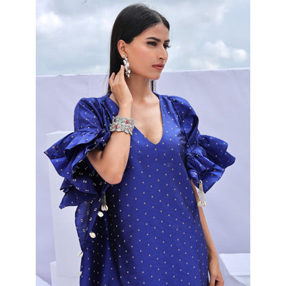 FORAM PATEL Electric Navy Blue Brocade Woven Kaftan Dress with Inner (Set of 2)