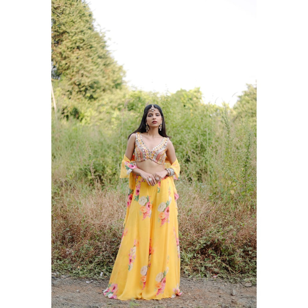 FORAM PATEL Yellow Mirror and Cowrie Embroidered Blouse and Palazzo with Dupatta (Set of 3)