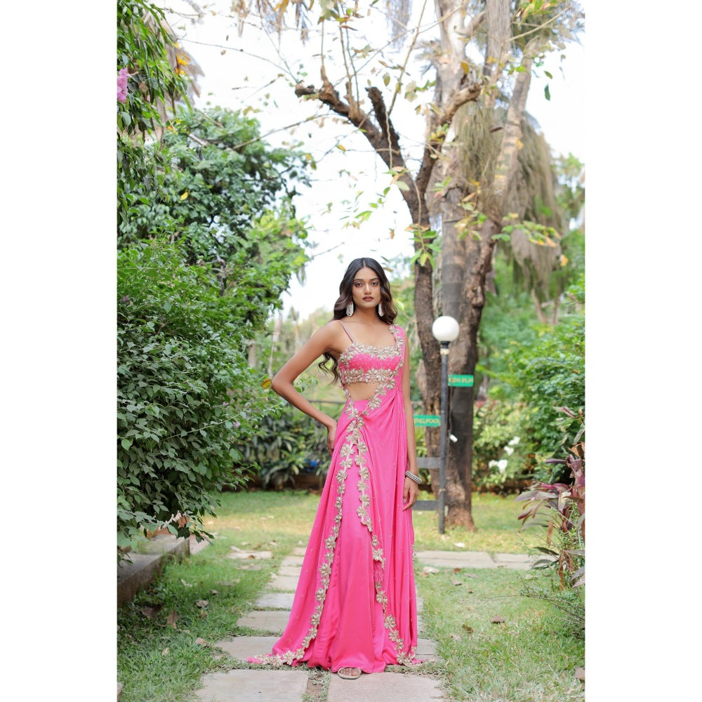 FORAM PATEL Pink Cowrie Embroidered Cape with Blouse and Palazzo (Set of 3)