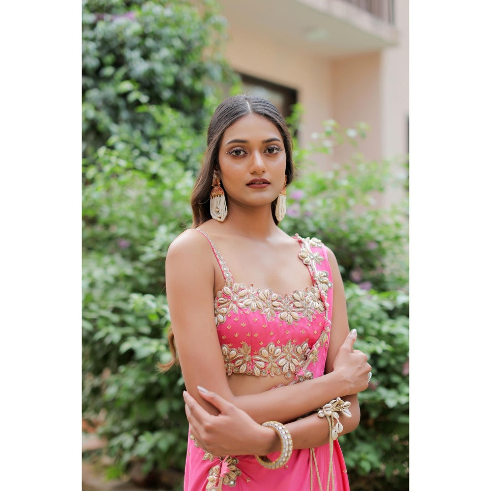 FORAM PATEL Pink Cowrie Embroidered Cape with Blouse and Palazzo (Set of 3)