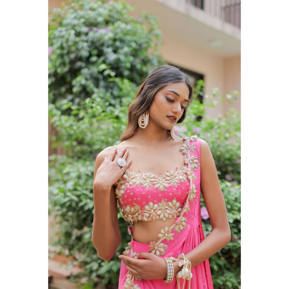 FORAM PATEL Pink Cowrie Embroidered Cape with Blouse and Palazzo (Set of 3)